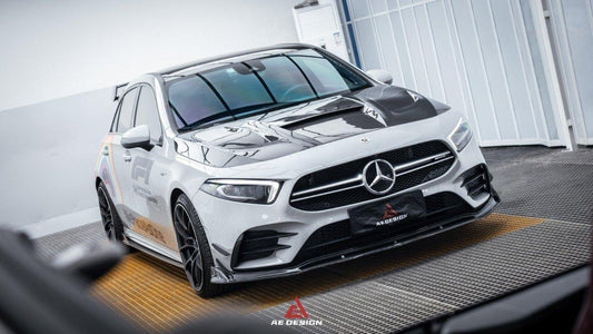 Mercedes Benz A-Class A220 (with sport-package bumper) Pre-facelift / A35 / A35L W177 2019 2020 2021 2022 2023 2024 with Aftermarket Parts - AE Front Canards Carbon Fiber from ArmorExtend