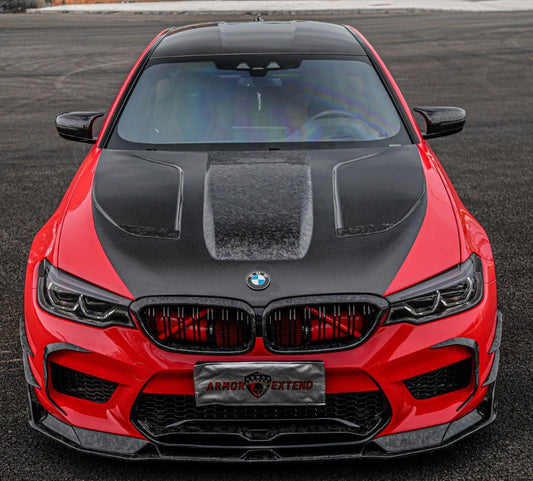 BMW M5 / M5C F90 Pre-LCI 2018 2019 2020 & M5 / M5C F90 LCI 2021 2022 2023 2024 With Aftermarket Parts - AE Lower Lip & Middle Lip Carbon Fiber from ArmorExtend