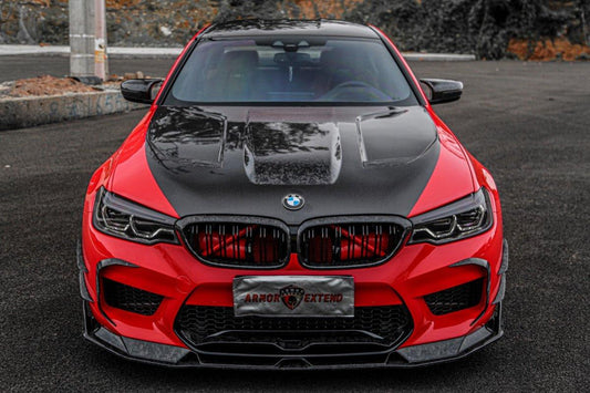 BMW M5 / M5C F90 Pre-LCI 2018 2019 2020 & M5 / M5C F90 LCI 2021 2022 2023 2024 With Aftermarket Parts - AE Lower Lip & Middle Lip Carbon Fiber from ArmorExtend