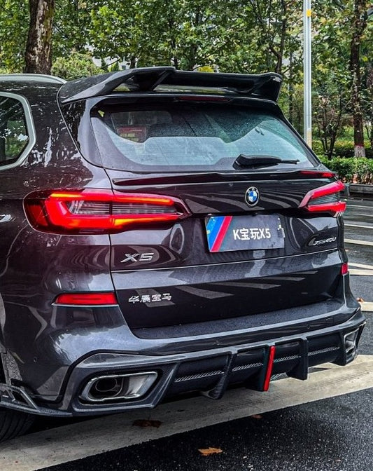 BMW X5 G05 M50i X/S Drive 40i (with M-Package) (Fits Both Pre-LCI & LCI) 2019 2020 2021 2022 2023 2024 with Aftermarket Parts - AE Style Rear Roof Spoiler Carbon Fiber from ArmorExtend