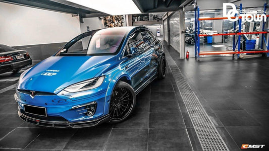 Tesla Model X P100D 100D 90D 75D 60D Performance Long Range Base 2016-2021 with Aftermarket Parts - Front Lip Splitter Carbon Fiber / FRP from CMST Tuning
