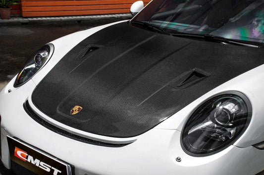 Porsche 911 991 991.1 991.2 Cayman Boxster 981 718 with Aftermarket Parts - GT2RS Hood Bonnet Carbon Fiber / FRP from  CMST Tuning
