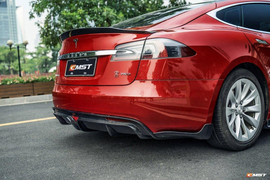 Tesla Model S 1st & 2nd Gen 2012-early 2021 with Aftermarket Parts - Rear Duck Bill Tail Spoiler Carbon Fiber / FRP from CMST Tuning