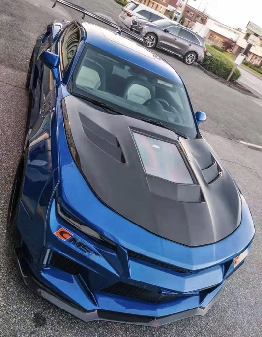 Camaro 6th Gen Z/28 2SS 1SS 3LT 2LT 1LT 2LS 1LS 2015-2024 & Camaro 6th Gen ZL1 2017-2024 with Aftermarket Parts - V2 Tempered Glass Clearview Style Hood Bonnet Carbon Fiber / FRP from CMST Tuning
