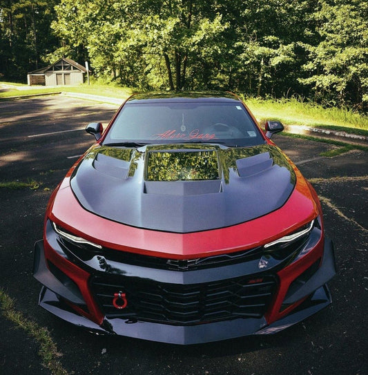 Camaro 6th Gen Z/28 2SS 1SS 3LT 2LT 1LT 2LS 1LS 2015-2024 & Camaro 6th Gen ZL1 2017-2024 with Aftermarket Parts - V2 Tempered Glass Clearview Style Hood Bonnet Carbon Fiber / FRP from CMST Tuning
