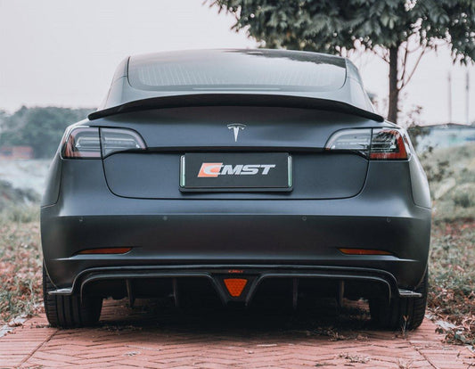 Tesla Model 3 Performance Long Range Standard Base 2017-2023 with Aftermarket Parts - V1 Style Rear Duck Bill Tail Spoiler  Carbon Fiber / FRP from CMST Tuning