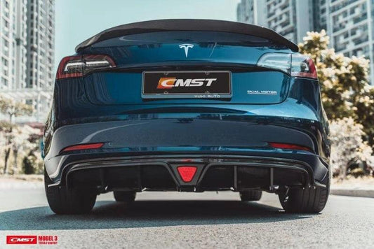 Tesla Model 3 Performance Long Range Standard Base 2017-2023 with Aftermarket Parts - V1 Style Rear Duck Bill Tail Spoiler  Carbon Fiber / FRP from CMST Tuning