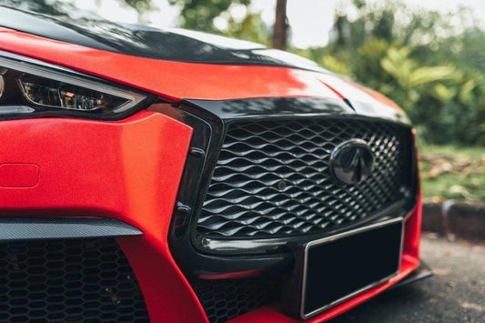 Infiniti Q60 Red Sport 400 Premium Luxe Sport Pure 2017-2022 with Aftermarket Parts - Project Black S Concept Style Front Bumper & Lip Carbon Fiber / FRP from CMST Tuning