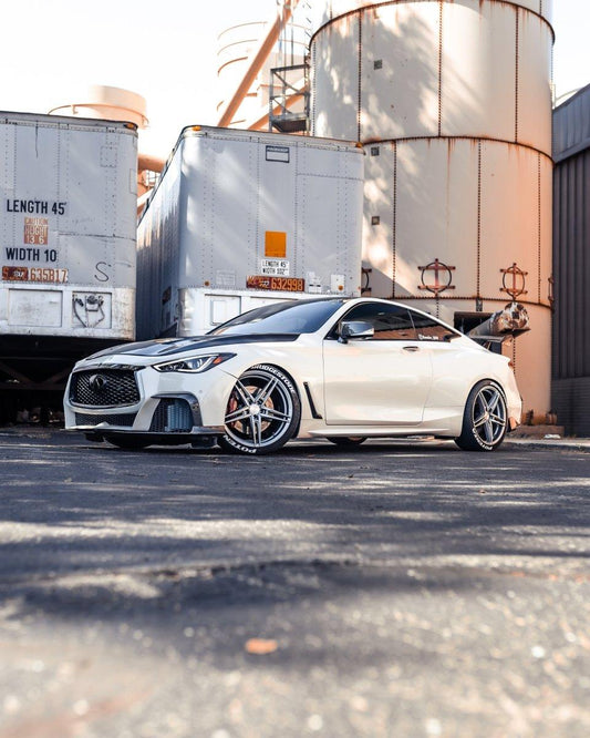 Infiniti Q60 Red Sport 400 Premium Luxe Sport Pure 2017-2022 with Aftermarket Parts - Project Black S Concept Style Front Bumper & Lip Carbon Fiber / FRP from CMST Tuning