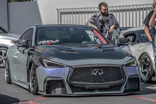 Infiniti Q60 Red Sport 400 Premium Luxe Sport Pure 2017-2022 with Aftermarket Parts - Project Black S Concept Style Front Bumper & Lip Carbon Fiber / FRP from CMST Tuning