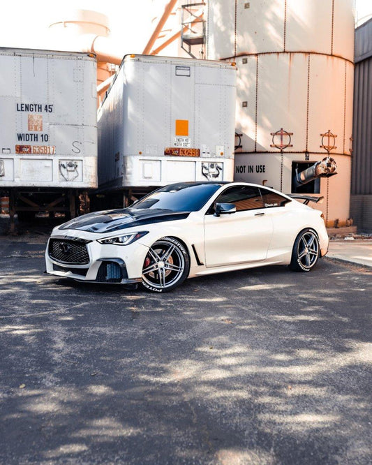 Infiniti Q60 Red Sport 400 Premium Luxe Sport Pure 2017-2022 with Aftermarket Parts - Project Black S Concept Style Front Bumper & Lip Carbon Fiber / FRP from CMST Tuning