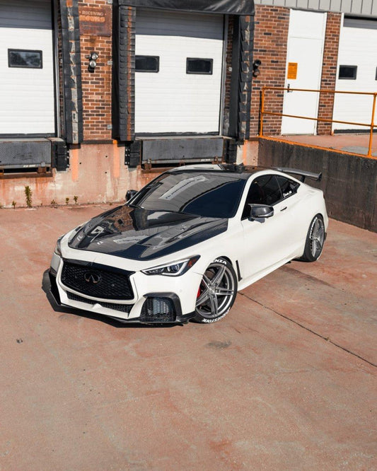 Infiniti Q60 Red Sport 400 Premium Luxe Sport Pure 2017-2022 with Aftermarket Parts - Project Black S Concept Style Front Bumper & Lip Carbon Fiber / FRP from CMST Tuning