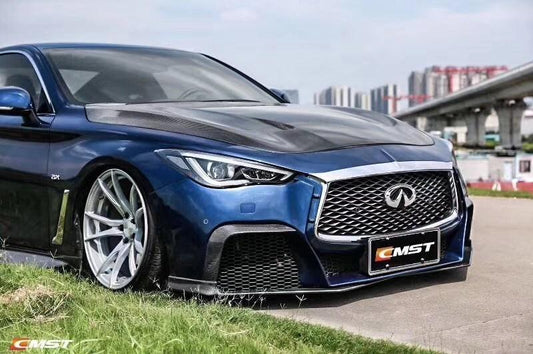 Infiniti Q60 Red Sport 400 Premium Luxe Sport Pure 2017-2022 with Aftermarket Parts - Project Black S Concept Style Front Bumper & Lip Carbon Fiber / FRP from CMST Tuning