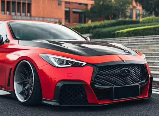 Infiniti Q60 Red Sport 400 Premium Luxe Sport Pure 2017-2022 with Aftermarket Parts - Project Black S Concept Style Front Bumper & Lip Carbon Fiber / FRP from CMST Tuning