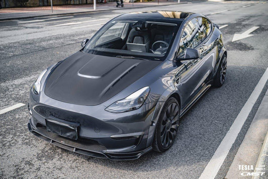 Tesla Model Y Performance AWD Long Range RWD Standard 2020-ON with Aftermarket Parts - V2 Style Front Lip Splitter Carbon Fiber / FRP from CMST Tuning