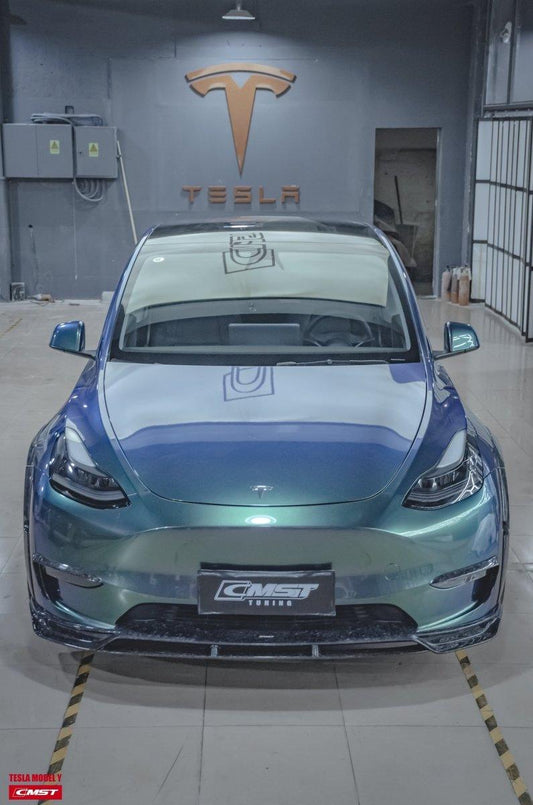 Tesla Model Y Performance AWD Long Range RWD Standard 2020-ON with Aftermarket Parts - V2 Style Front Lip Splitter Carbon Fiber / FRP from CMST Tuning