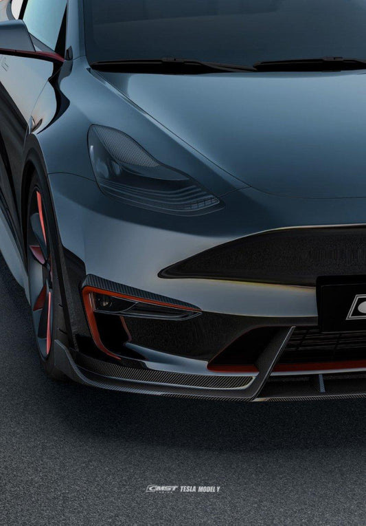 Tesla Model Y Performance AWD Long Range RWD Standard 2020-ON with Aftermarket Parts - V4 Style Front Lip Splitter Carbon Fiber / FRP from CMST Tuning