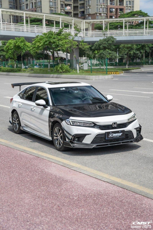 Honda Civic 11th Gen FE1 FE2 FE4 2022-ON with Aftermarket Parts - Front Lip Splitter Carbon Fiber / FRP from CMST Tuning
