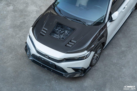 Honda Civic 11th Gen FE1 FE2 FE4 2022-ON with Aftermarket Parts - V2 Tempered Glass Clearview Style Hood Bonnet Carbon Fiber / FRP from CMST Tuning
