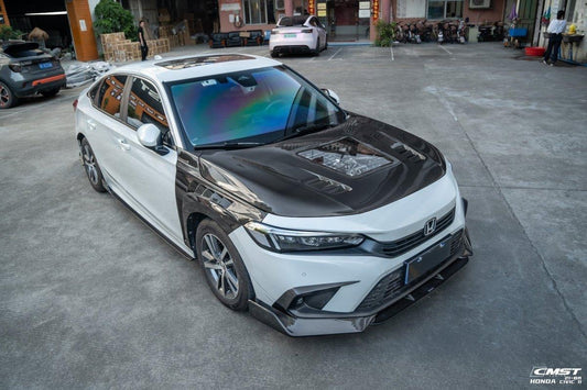 Honda Civic 11th Gen FE1 FE2 FE4 2022-ON with Aftermarket Parts - V2 Tempered Glass Clearview Style Hood Bonnet Carbon Fiber / FRP from CMST Tuning
