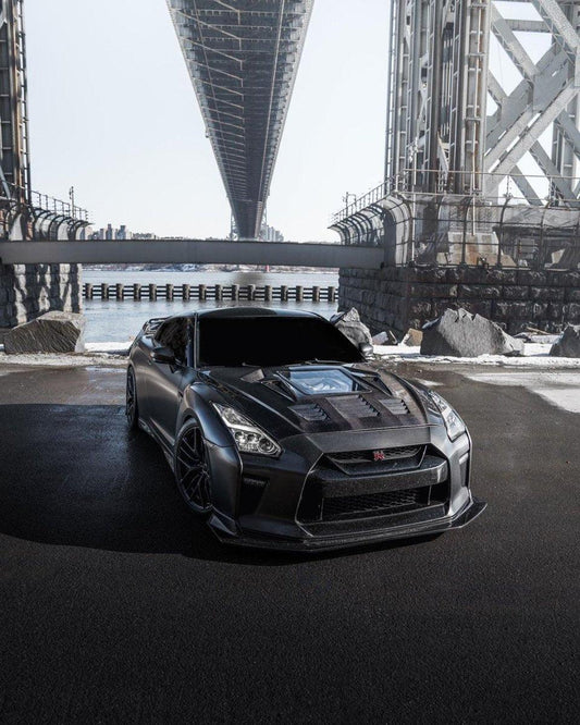 Nissan GTR Nismo T-Spec Premium Pure 2017-2024
(for installation on 2008-2016 vehicles, 2017-2024 front bumper is recommended) with Aftermarket Parts - V2 Tempered Clearview Glass Style Hood Bonnet Carbon Fiber / FRP Hood Bonnet from CMST Tuning
