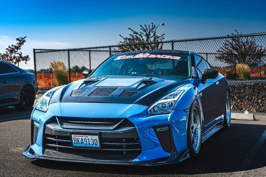 Nissan GTR Nismo T-Spec Premium Pure 2017-2024
(for installation on 2008-2016 vehicles, 2017-2024 front bumper is recommended) with Aftermarket Parts - V2 Tempered Clearview Glass Style Hood Bonnet Carbon Fiber / FRP Hood Bonnet from CMST Tuning
