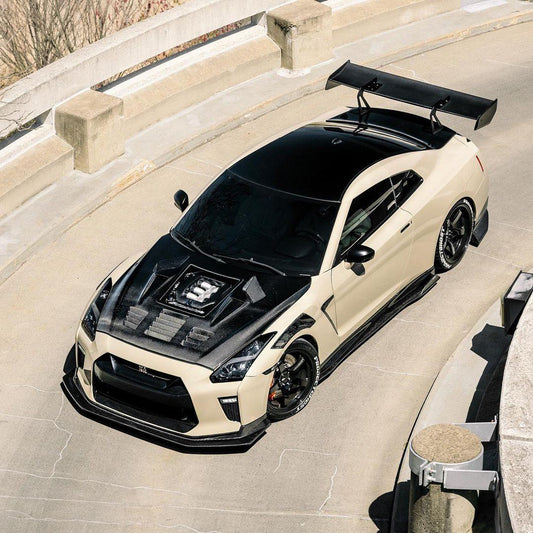 Nissan GTR Nismo T-Spec Premium Pure 2017-2024
(for installation on 2008-2016 vehicles, 2017-2024 front bumper is recommended) with Aftermarket Parts - V2 Tempered Clearview Glass Style Hood Bonnet Carbon Fiber / FRP Hood Bonnet from CMST Tuning
