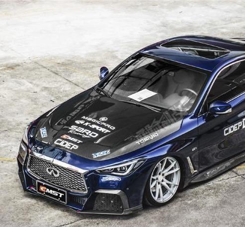 Infiniti Q60 Red Sport 400 Premium Luxe Sport Pure 2017 2018 2019 2020 2021 2022 with Aftermarket Parts - Project Black S Concept Hood Bonnet Carbon Fiber / FRP from CMST Tuning 