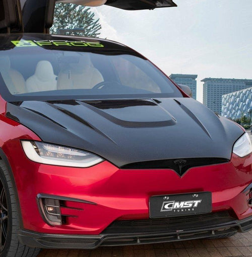 Tesla Model X P100D 100D 90D 75D 60D Performance Long Range Base 2016-2021 with Aftermarket Parts - Hood Bonnet Carbon Fiber / FRP from CMST Tuning