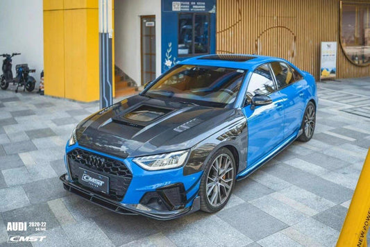 Audi RS4 2018-ON & S4 / A4 / A4 Allroad / A4 Avant B9 B9.5 2017-ON with Aftermarket Parts - V1 Tempered Glass Transparent Style Hood Bonnet Carbon Fiber / FRP from  CMST Tuning