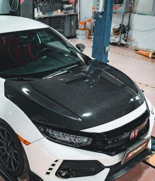 Honda Civic Type-R FK8 2017-2021 with Aftermarket Parts - Vented Style Hood Bonnet Carbon Fiber from CMST Tuning