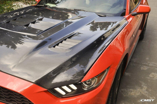 Ford Mustang GT 5.0 V6 3.6 Ecoboost 2.3 S550.1 2015-2017 with Aftermarket Parts - V3 Vented Style Hood Bonnet Carbon Fiber / FRP from CMST Tuning
