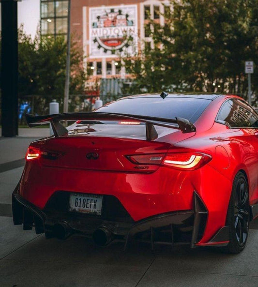 Infiniti Q60 Red Sport 400 Premium Luxe Sport Pure 2017-2022 with Aftermarket Parts - Project Black S Concept Style Rear Bumper & Diffuser Carbon Fiber / FRP from CMST Tuning