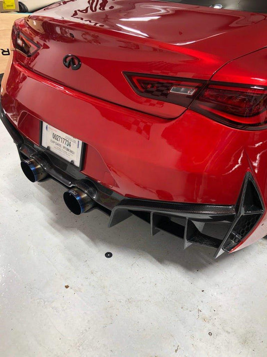 Infiniti Q60 Red Sport 400 Premium Luxe Sport Pure 2017-2022 with Aftermarket Parts - Project Black S Concept Style Rear Bumper & Diffuser Carbon Fiber / FRP from CMST Tuning