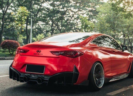 Infiniti Q60 Red Sport 400 Premium Luxe Sport Pure 2017-2022 with Aftermarket Parts - Project Black S Concept Style Rear Bumper & Diffuser Carbon Fiber / FRP from CMST Tuning