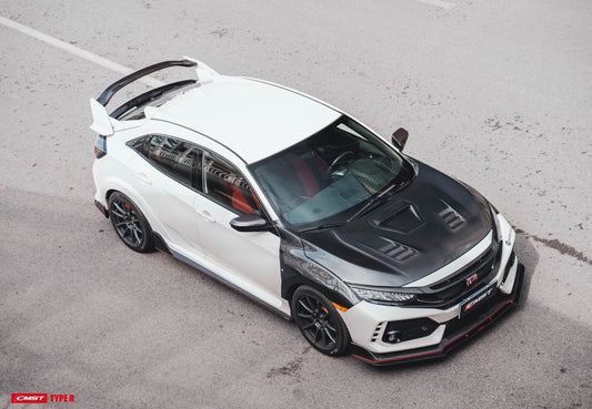 Honda Civic Type-R FK8 2017-2021 with Aftermarket Parts - Carbon Fiber FRP Rear Wheel Arch Trim from CMST Tuning