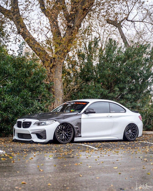 BMW F87 M2 M2C 2016-2021 with Aftermarket Parts - Vacuumed Carbon Vented Fenders from CMST Tuning
