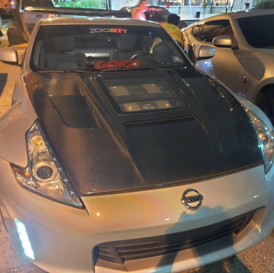 Nissan 370Z Nismo Sport Touring Base Fairlady Z Z34 2009-2020 with Aftermarket Parts - V1 Glass Clearview Style Hood Bonnet Carbon Fiber / FRP from CMST Tuning
