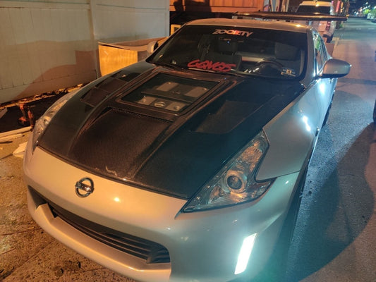 Nissan 370Z Nismo Sport Touring Base Fairlady Z Z34 2009-2020 with Aftermarket Parts - V1 Glass Clearview Style Hood Bonnet Carbon Fiber / FRP from CMST Tuning
