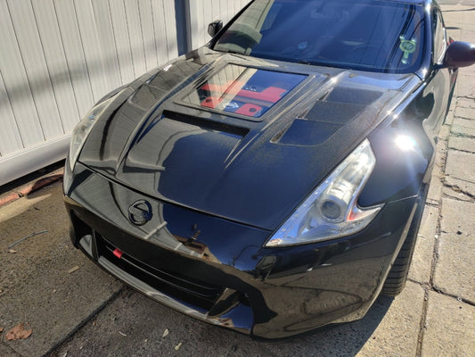 Nissan 370Z Nismo Sport Touring Base Fairlady Z Z34 2009-2020 with Aftermarket Parts - V1 Glass Clearview Style Hood Bonnet Carbon Fiber / FRP from CMST Tuning
