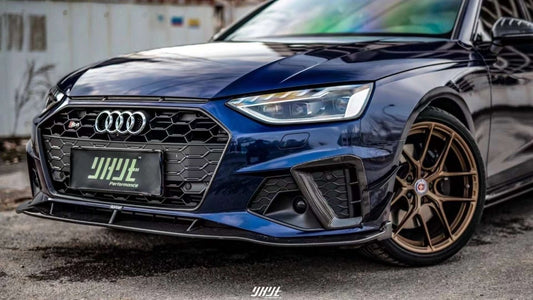 Audi S4 A4 S-line (with s-line bumper, does not fit base model) B9.5 2020 2021 2022 2023 2024 With Aftermarket Parts - Compatible with Karbel Upper Valences & Compatible with OEM Bumper Style Front Canards Pre-preg Carbon Fiber from Karbel Carbon