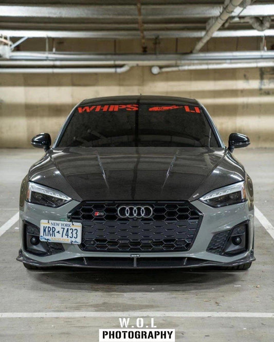 Audi S5 A5 (with s-line bumper, does not base model) B9.5 2020 2021 2022 2023 2024 with Aftermarket Parts - V2 Style Front Lip Pre-preg Carbon Fiber from Karbel Carbon