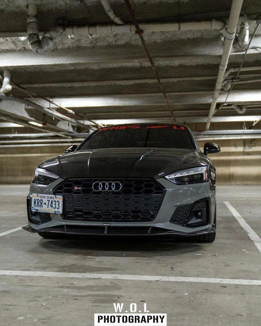 Audi S5 A5 (with s-line bumper, does not base model) B9.5 2020 2021 2022 2023 2024 with Aftermarket Parts - V2 Style Front Lip Pre-preg Carbon Fiber from Karbel Carbon