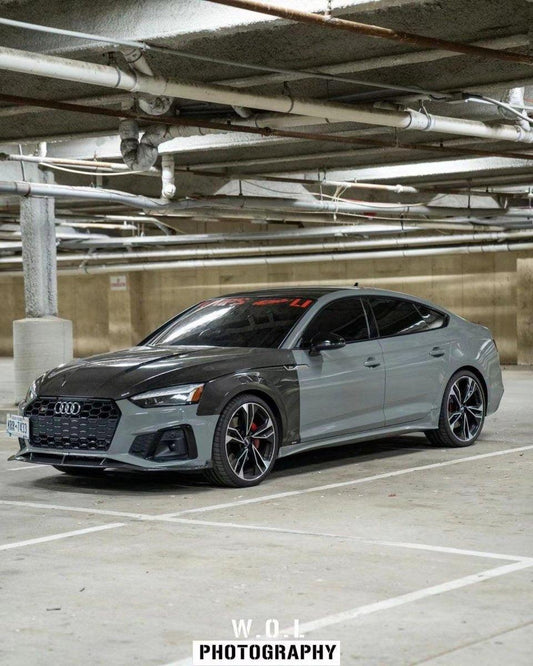 Audi S5 A5 (with s-line bumper, does not base model) B9.5 2020 2021 2022 2023 2024 with Aftermarket Parts - V2 Style Front Lip Pre-preg Carbon Fiber from Karbel Carbon