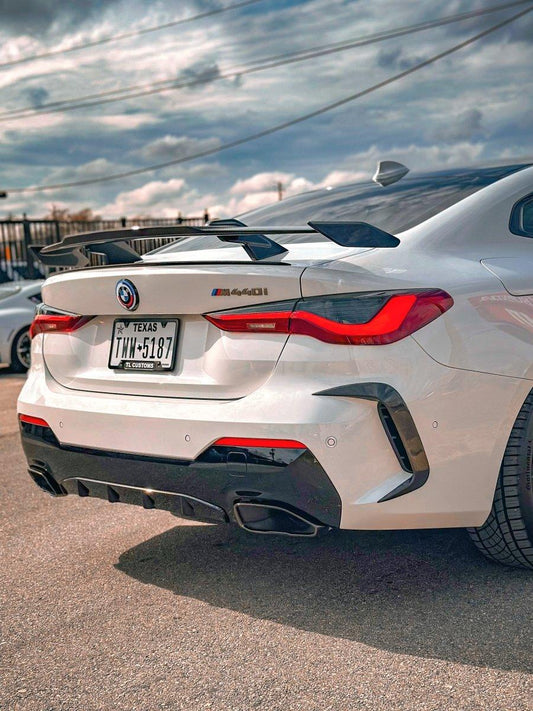 BMW 4 series 430i (with M-package bumper, does not fit base model) M440i G22 G23 2020-ON with Aftermarket Parts - Rear Bumper Canards Pre-preg Carbon Fiber from Karbel Carbon