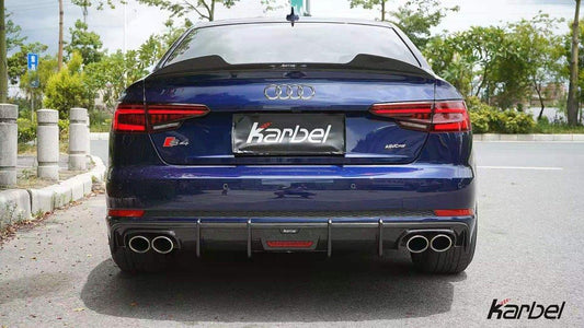 Audi S4 A4 (with S-line bumper, does not fit base model) B9 2017 2018 2019 with Aftermarket Parts - V1 (With LED Light) & V2 (Without LED Light) & V3 (RS4 Style) Style Rear Diffuser Pre-preg Carbon Fiber from Karbel Carbon