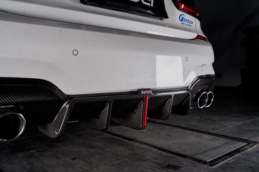 BMW 3 Series 330i (with M-package bumper, does not fit base model) M340i G20 G21 Pre-LCI 2019-2022 with Aftermarket Parts - Rear Diffuser & Canards Pre-preg Carbon Fiber from Karbel Carbon