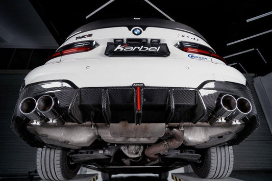 BMW 3 Series 330i (with M-package bumper, does not fit base model) M340i G20 G21 Pre-LCI 2019-2022 with Aftermarket Parts - Rear Diffuser & Canards Pre-preg Carbon Fiber from Karbel Carbon