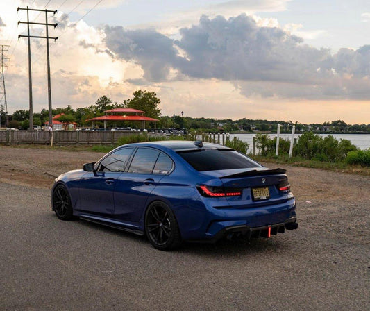 BMW 3 Series 330i (with M-package bumper, does not fit base model) M340i G20 G21 Pre-LCI 2019-2022 with Aftermarket Parts - Rear Diffuser & Canards Pre-preg Carbon Fiber from Karbel Carbon