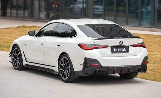 BMW 4 Series Gran Coupe M440i 430i (with M-package bumper, does not fit base model) G26 2022-ON with Aftermarket Parts - Rear Diffuser & Canards Pre-preg Carbon Fiber from Karbel Carbon